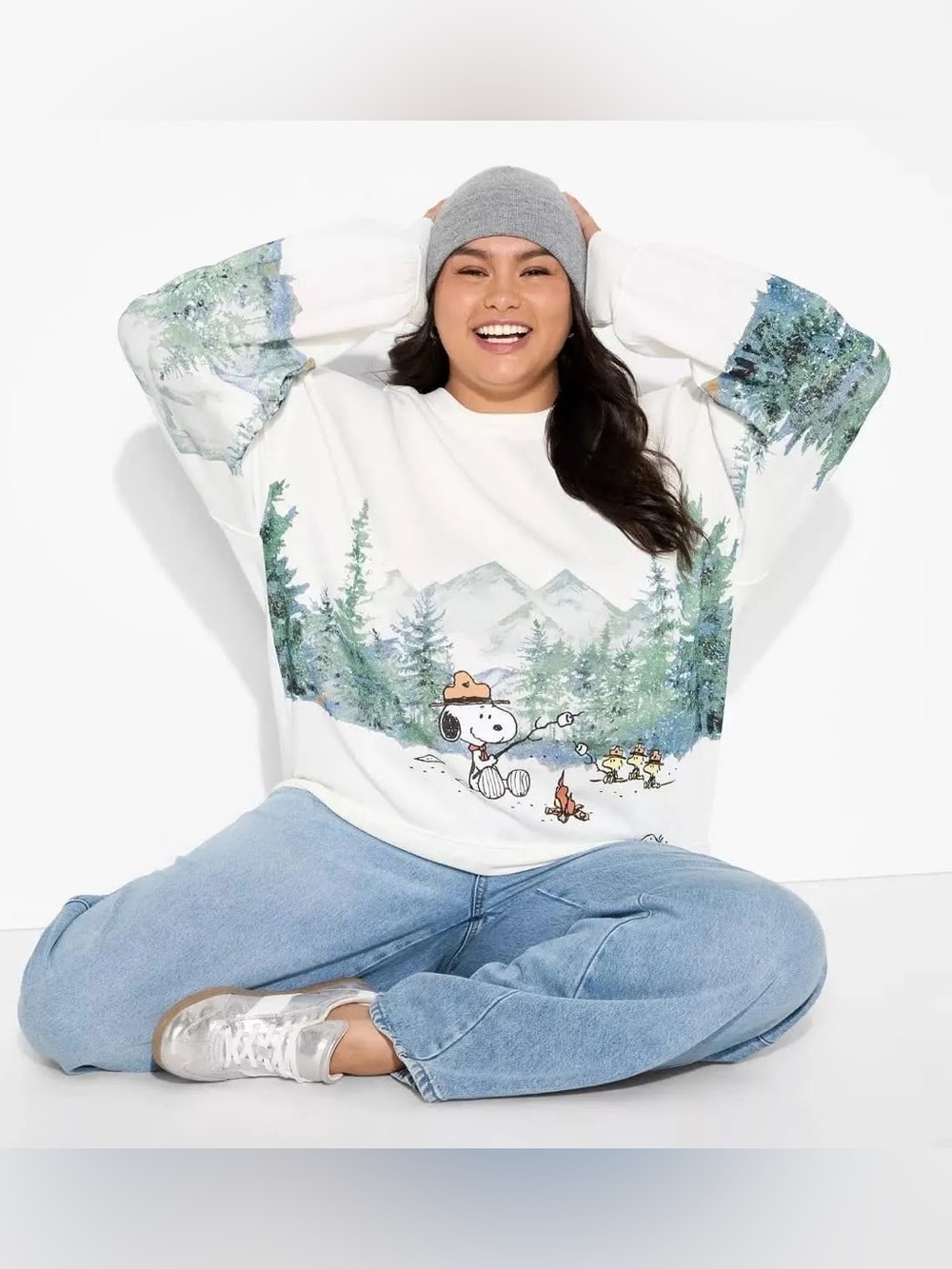 Peanuts 🥜 Cream Scenic Snoopy Crewneck Sweater with Forest Graphic - Picture 2 of 15